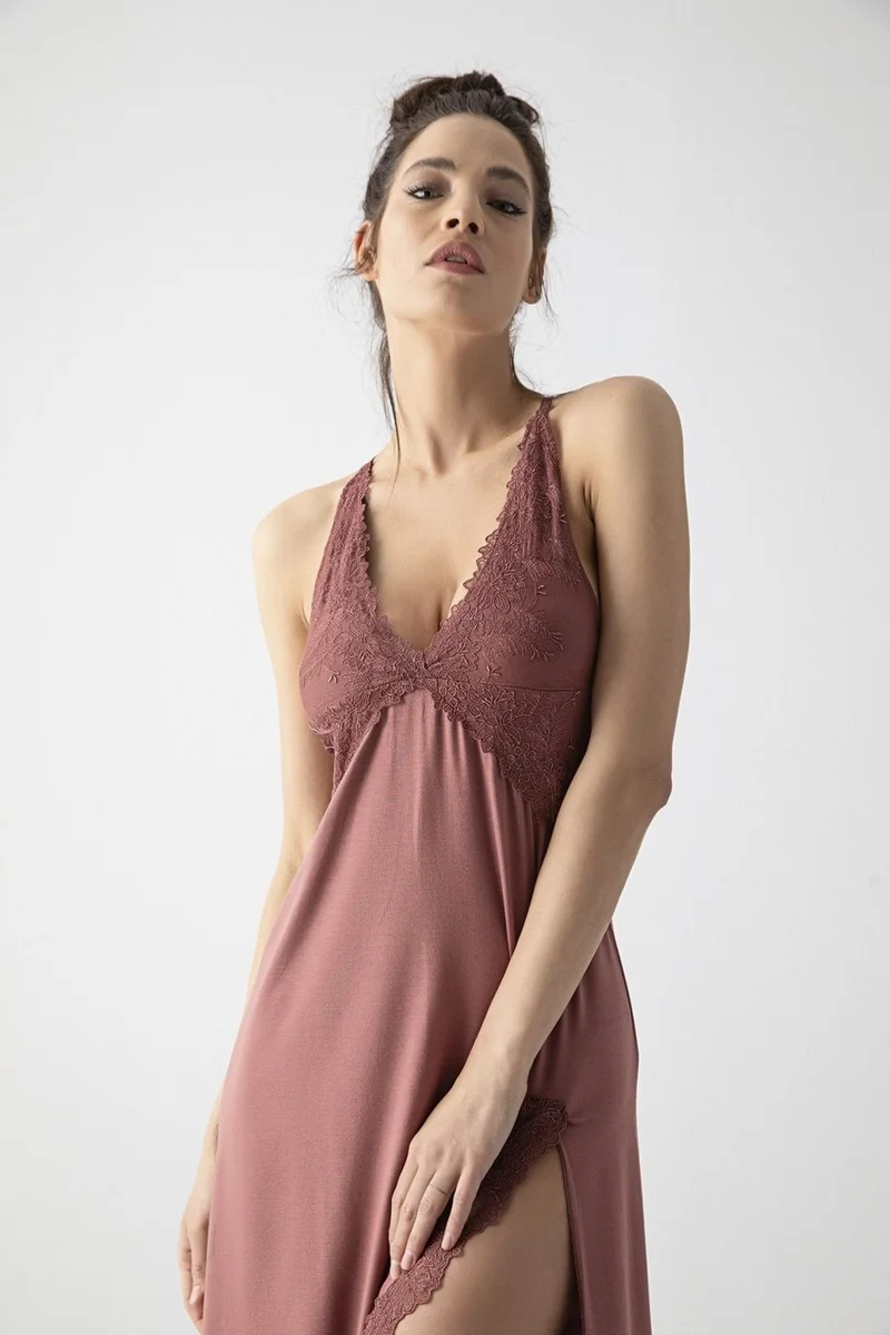 موناميسي 19314 Women's Coffee Embroidered Straped Slit Nightgown