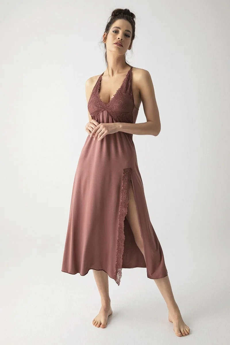 موناميسي 19314 Women's Coffee Embroidered Straped Slit Nightgown