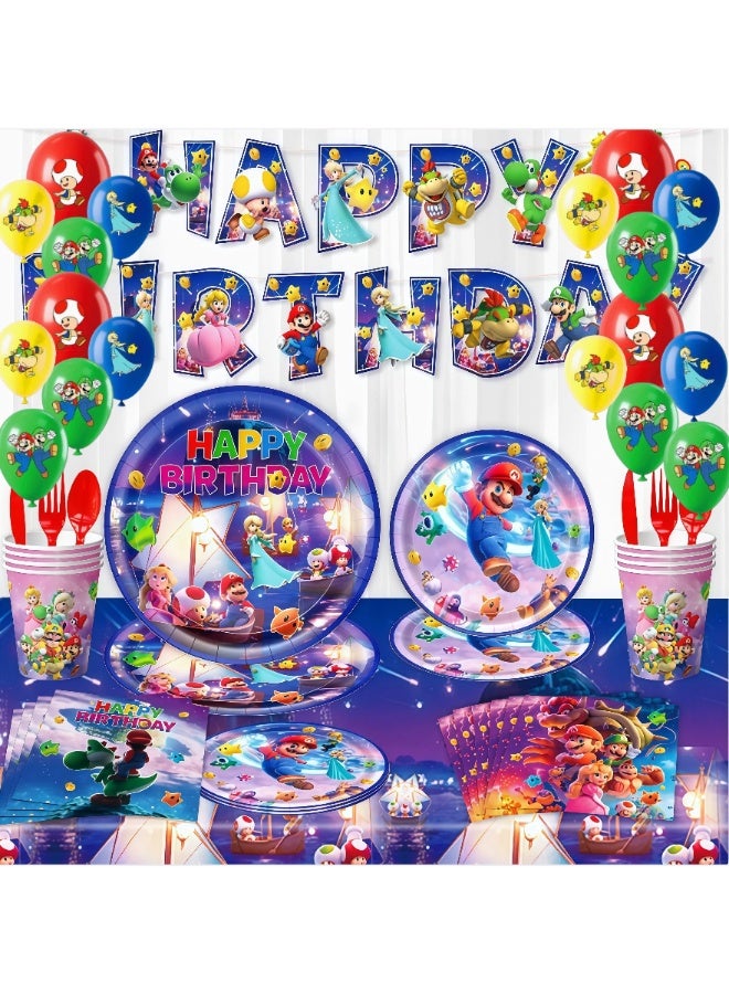 Super Mario Party Supplies Complete Set, Mario Birthday Decorations Including 7/9 Inch Paper Plates, Cups, Napkins, Tablecloth, Happy Birthday Banners, Cutlery and Balloons, All-in-One Mario Theme Party Decor for Kids Birthday Celebration