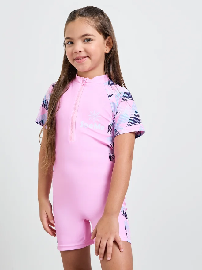 Styli Girls Side Panel Print Swimsuit with Quarter Zip