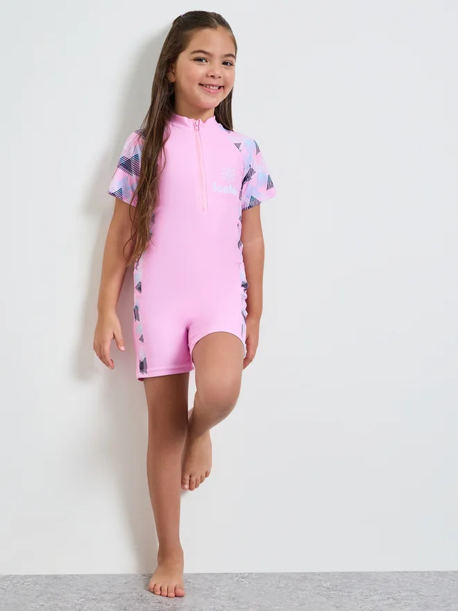 Styli Girls Side Panel Print Swimsuit with Quarter Zip