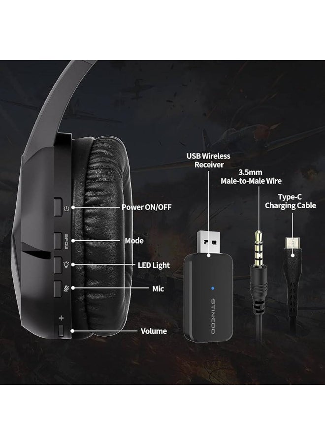 GS401 2.4GHz Wired & Wireless Gaming Headset, 2 Modes (RGB), 7.1 Stereo Surround Sound - Virtual 7.1 Wireless Surround Sound, with Microphone, Ultra Comfortable Leather Earmuffs for One-Button Use of Three Kinds of Game/Audio/Video/Live Streaming Sound Effects - Black