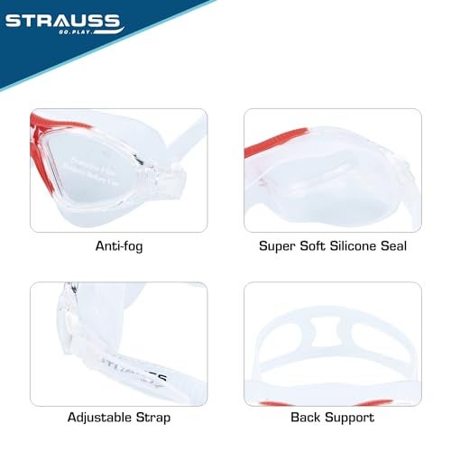 STRAUSS Silicone Swimming Goggles | Anti Fog & UV Protection | Adults, Men & Women | Fully Adjustable with A Case Cover, Red - Image 2