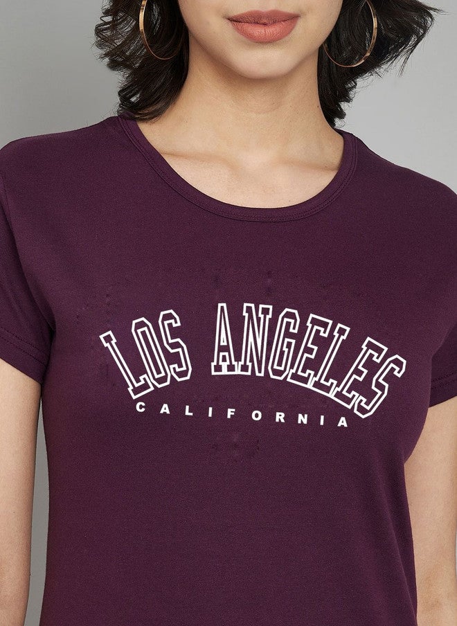 TREND LEVEL Purple Typography Printed T-shirt for Women - Image 2