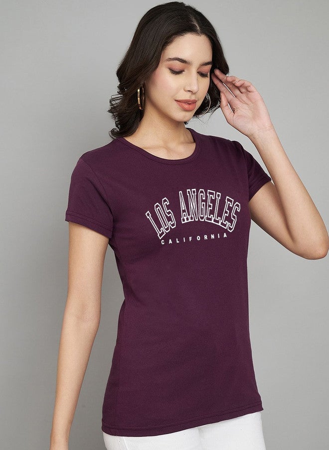 TREND LEVEL Purple Typography Printed T-shirt for Women - Image 3