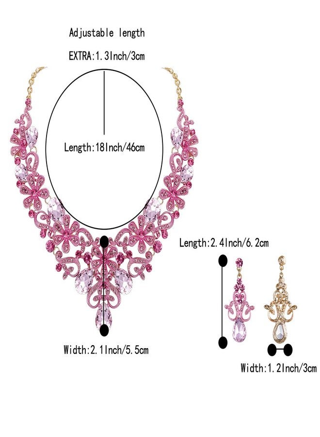 BriLove Women's Costume Elegant Crystal Flower Scroll Teardrop Statement Necklace Dangle Earrings Set Pink Gold-Toned - Image 5