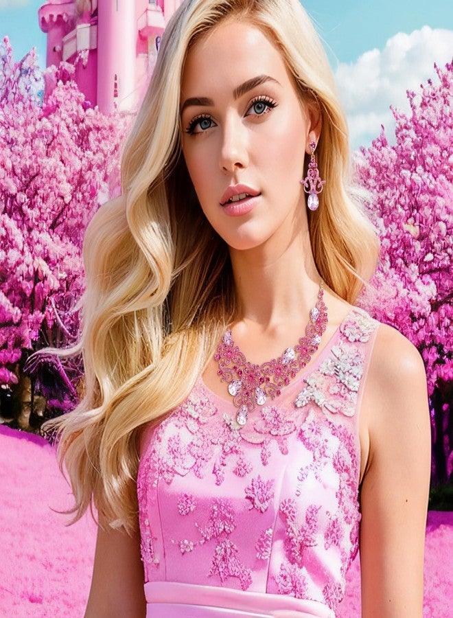 BriLove Women's Costume Elegant Crystal Flower Scroll Teardrop Statement Necklace Dangle Earrings Set Pink Gold-Toned - Image 3