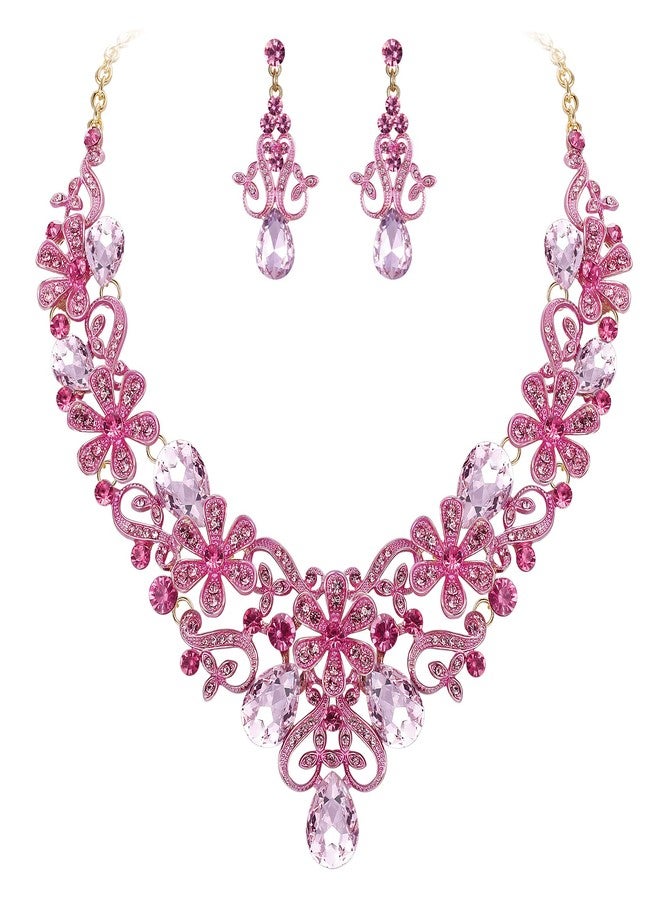 BriLove Women's Costume Elegant Crystal Flower Scroll Teardrop Statement Necklace Dangle Earrings Set Pink Gold-Toned - Image 1