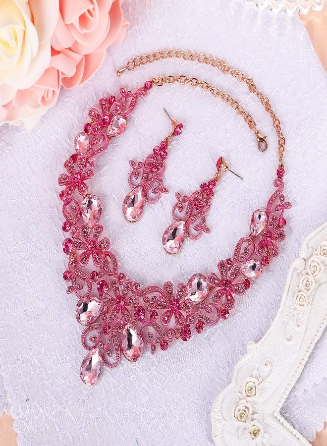 BriLove Women's Costume Elegant Crystal Flower Scroll Teardrop Statement Necklace Dangle Earrings Set Pink Gold-Toned - Image 4