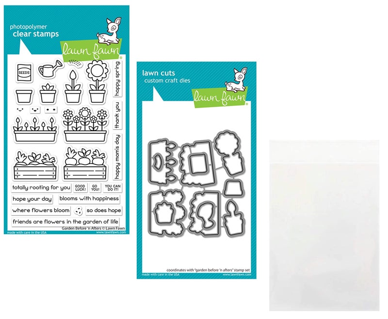 Lawn Fawn Garden Before n Afters 4x6 Clear Stamp and Coordinating Dies LF2768 LF2769 Plus 1 StampDie Storage Pocket Bundle of 3 Items