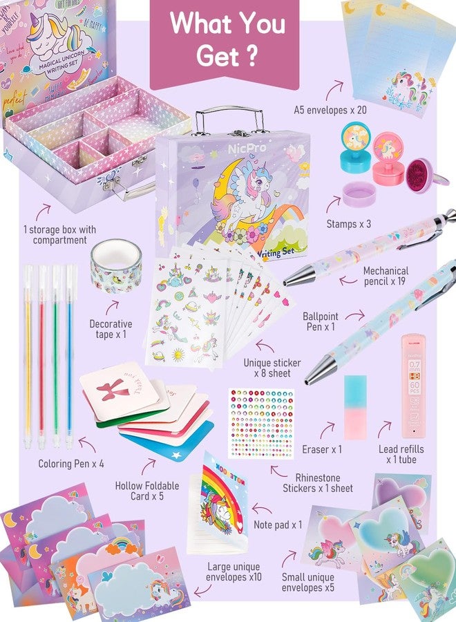 Nicpro 62PCS Unicorn Stationary Set For Girls,Unicorn Kid Toys for Aged 6-10 Years Old, Cute Stationery Supplies Letter Writing Kit Gift for 5,6,7,8,9,10 - Little Girls Ideal Christmas Birthday Gifts - Image 2