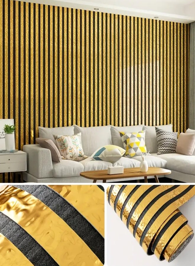 NOAEOU 3D wallpaper self-adhesive - metal grille thickened foam self-adhesive wallboard -300cm x 40cm decorative wall cloth, suitable for home decoration, living room, bedroom (Golden Ripple) - Image 1