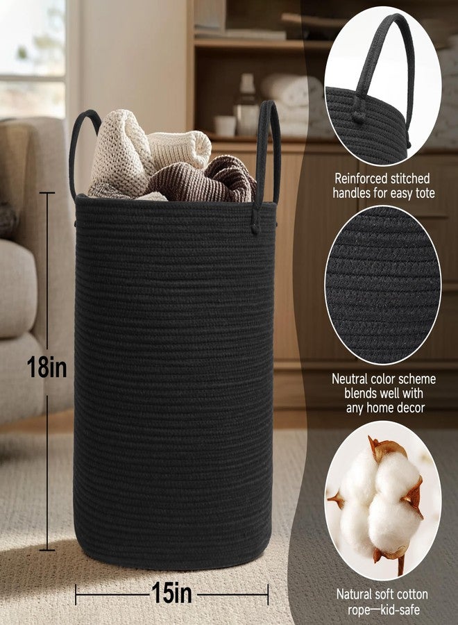 MEGASKET Black Woven Laundry Basket, 15"x18" Tall Basket for Blankets, Wicker Hamper for Bedroom Aesthetic, Decorative Storage Hamper for Clothes, Towel, Rope Storage Bin for Living Room, Bathroom - Image 2