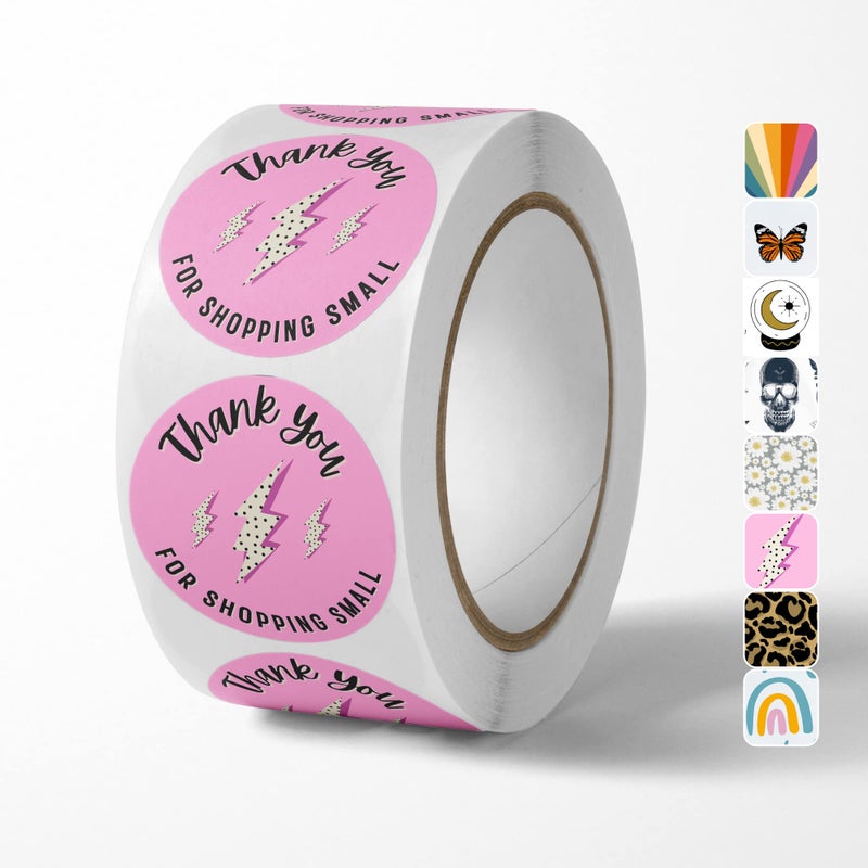 Package Mint Cute Thank You for Supporting My Small Business Stickers (500 Count) 1.5" Round Waterproof Small Business Supplies Rolls - Pink Lightning - Image 1