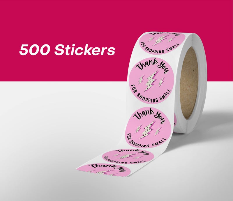 Package Mint Cute Thank You for Supporting My Small Business Stickers (500 Count) 1.5" Round Waterproof Small Business Supplies Rolls - Pink Lightning - Image 2