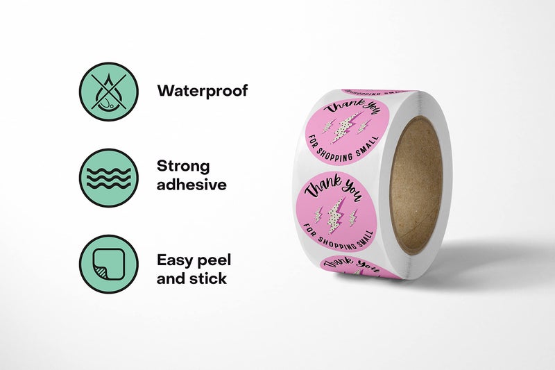 Package Mint Cute Thank You for Supporting My Small Business Stickers (500 Count) 1.5" Round Waterproof Small Business Supplies Rolls - Pink Lightning - Image 3