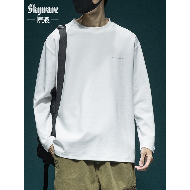 Japanese Heavy Long-sleeved T-shirt Men's Loose plus size Spring and Autumn Plus Size Fat Crewneck Top Base Shirt T-shirt - Image 1