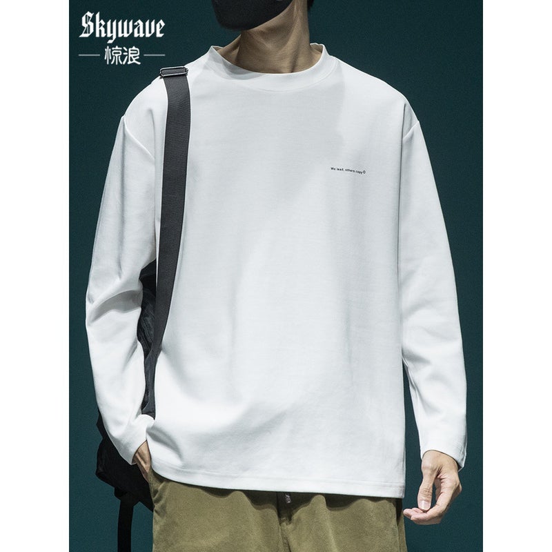 Japanese Heavy Long-sleeved T-shirt Men's Loose plus size Spring and Autumn Plus Size Fat Crewneck Top Base Shirt T-shirt - Image 2
