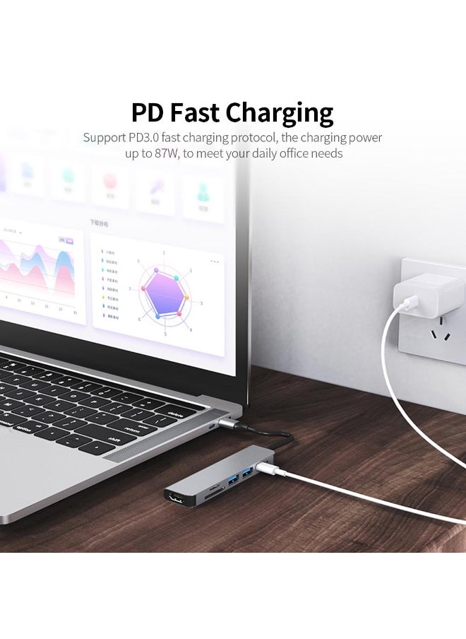 ماركة غير محددة 6-in-1 Multifunctional Type-C Hub Aluminum Alloy Type-C Converter with HD USB2.0 USB3.0 PD Ports TF 