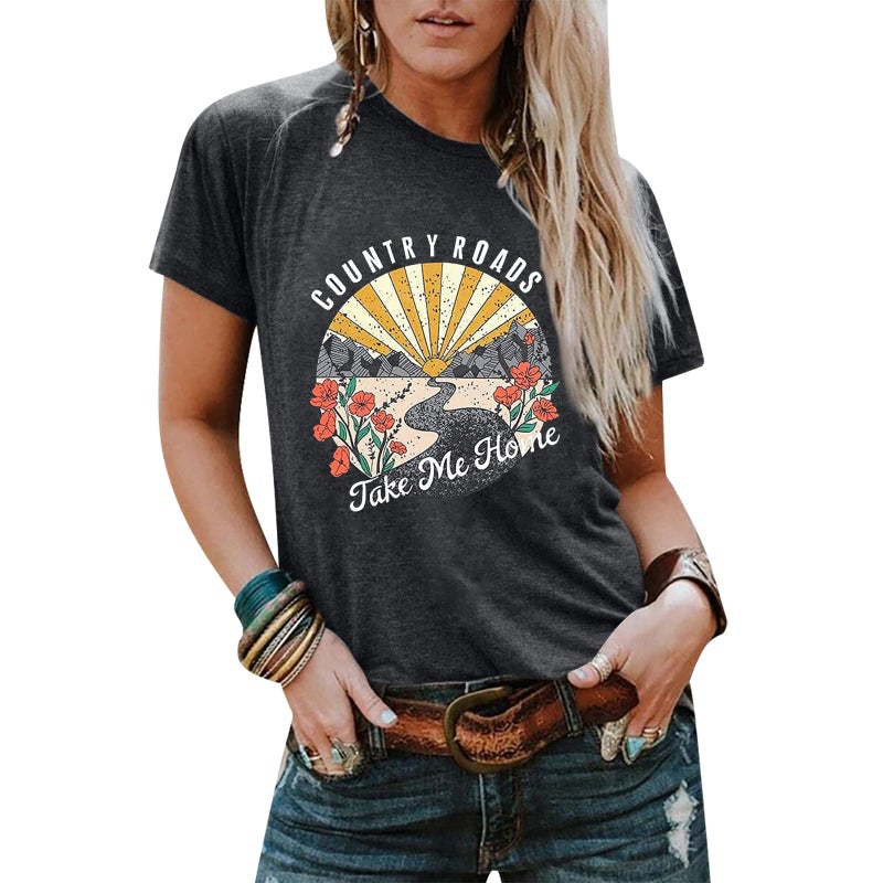 FASHGL Country Music Shirts for Women Country Roads Take Me Home Shirt Vintage Western Short Sleeve Tees Top Dark Gray - Image 1