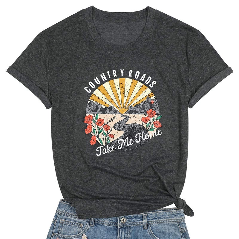 FASHGL Country Music Shirts for Women Country Roads Take Me Home Shirt Vintage Western Short Sleeve Tees Top Dark Gray - Image 5