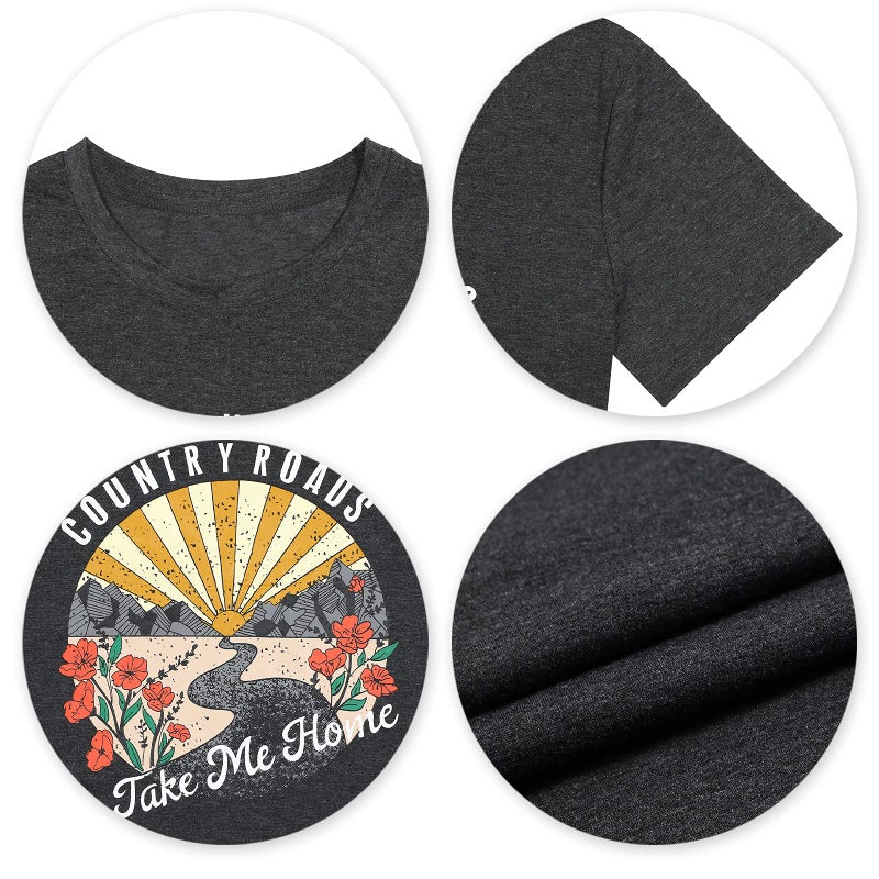 FASHGL Country Music Shirts for Women Country Roads Take Me Home Shirt Vintage Western Short Sleeve Tees Top Dark Gray - Image 3