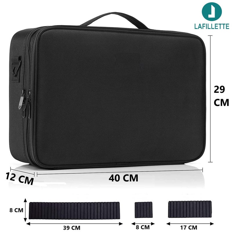 LAFILLETTE Travel Cosmetic Bags Professional Makeup Case Box Organizer with Adjustable Dividers Compartments for Makeup Brushes Toiletry Jewelry Digital Accessories 16 INCH 2 Layer Black - Image 2