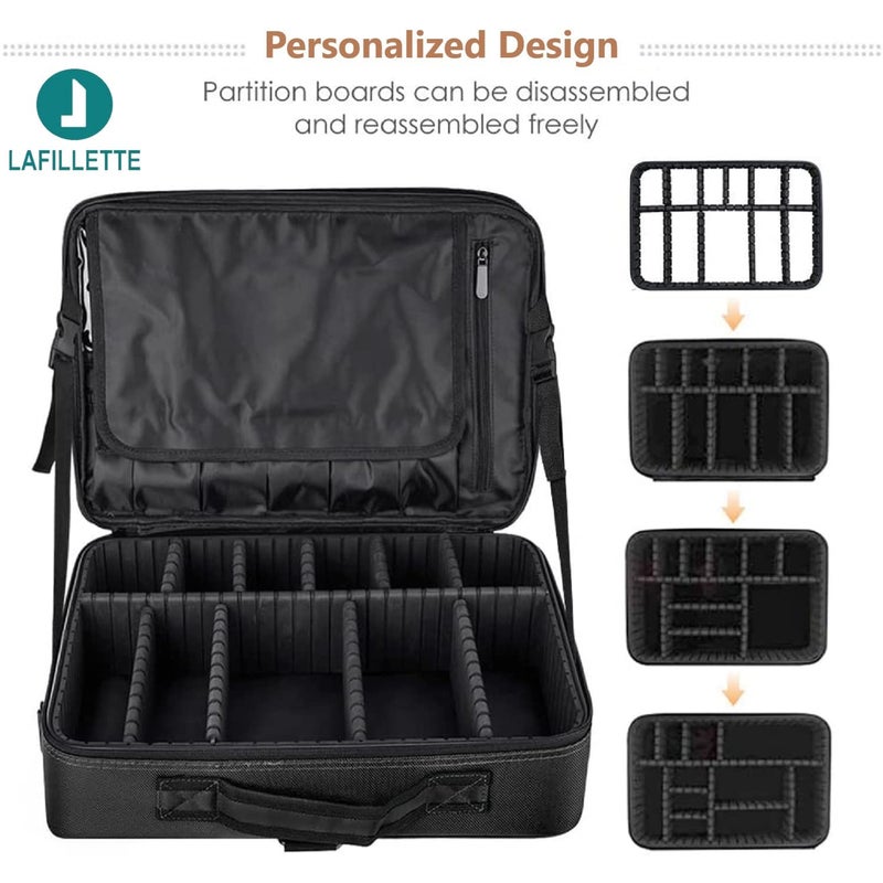 LAFILLETTE Travel Cosmetic Bags Professional Makeup Case Box Organizer with Adjustable Dividers Compartments for Makeup Brushes Toiletry Jewelry Digital Accessories 16 INCH 2 Layer Black - Image 4