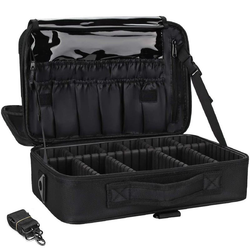 LAFILLETTE Travel Cosmetic Bags Professional Makeup Case Box Organizer with Adjustable Dividers Compartments for Makeup Brushes Toiletry Jewelry Digital Accessories 16 INCH 2 Layer Black - Image 1