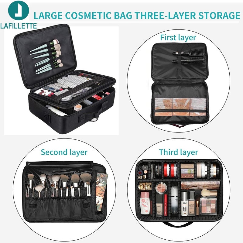 LAFILLETTE Travel Cosmetic Bags Professional Makeup Case Box Organizer with Adjustable Dividers Compartments for Makeup Brushes Toiletry Jewelry Digital Accessories 16 INCH 2 Layer Black - Image 5