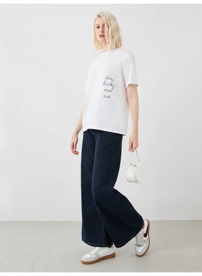 تايك تو Take Two Round Neck Slogan Print T-Shirt