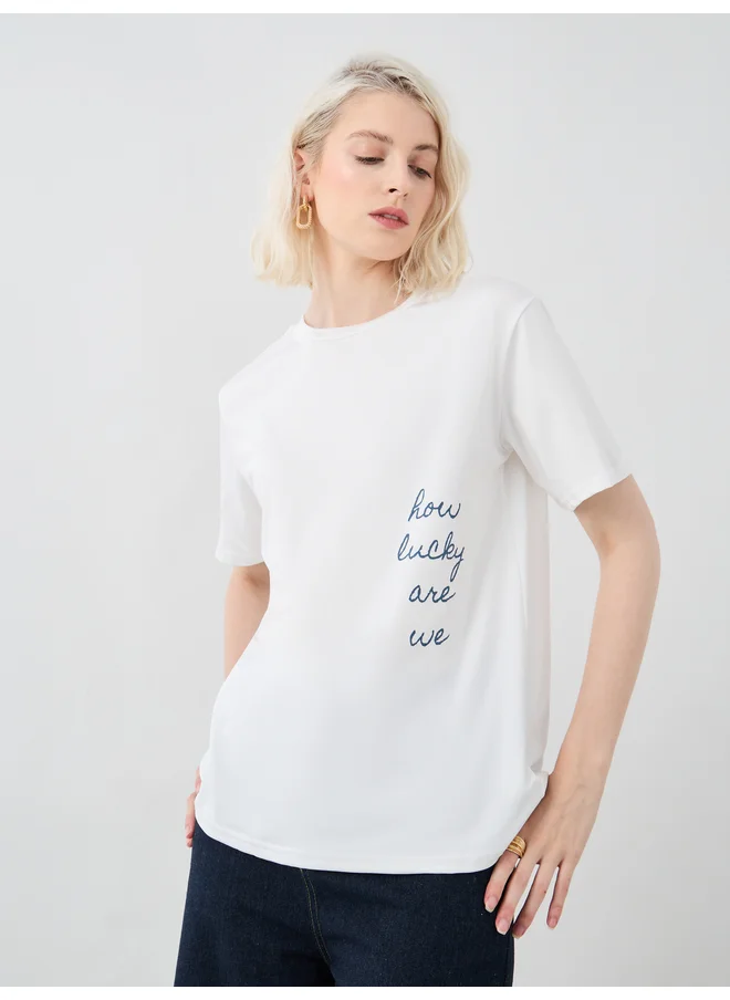 تايك تو Take Two Round Neck Slogan Print T-Shirt