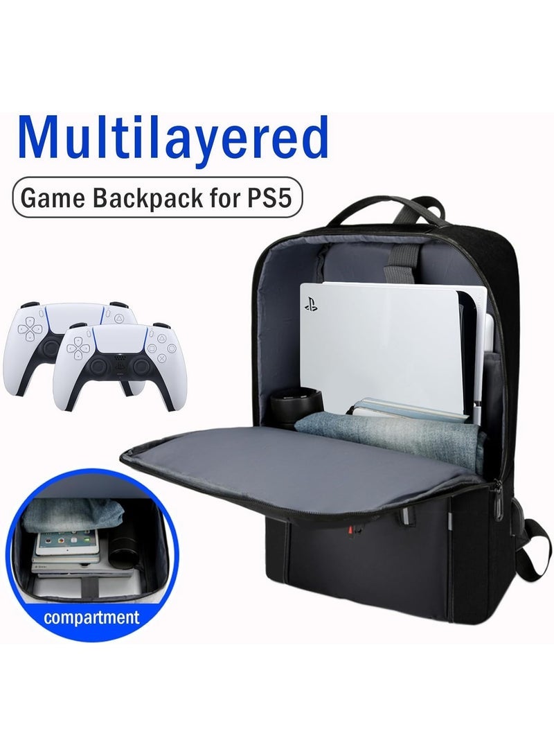 This multi-functional travel backpack is compatible with the PS5 game console. It's a dedicated protective travel case for PS5, featuring a USB port and the ability to store headphones, game discs, and accessories. - Image 4
