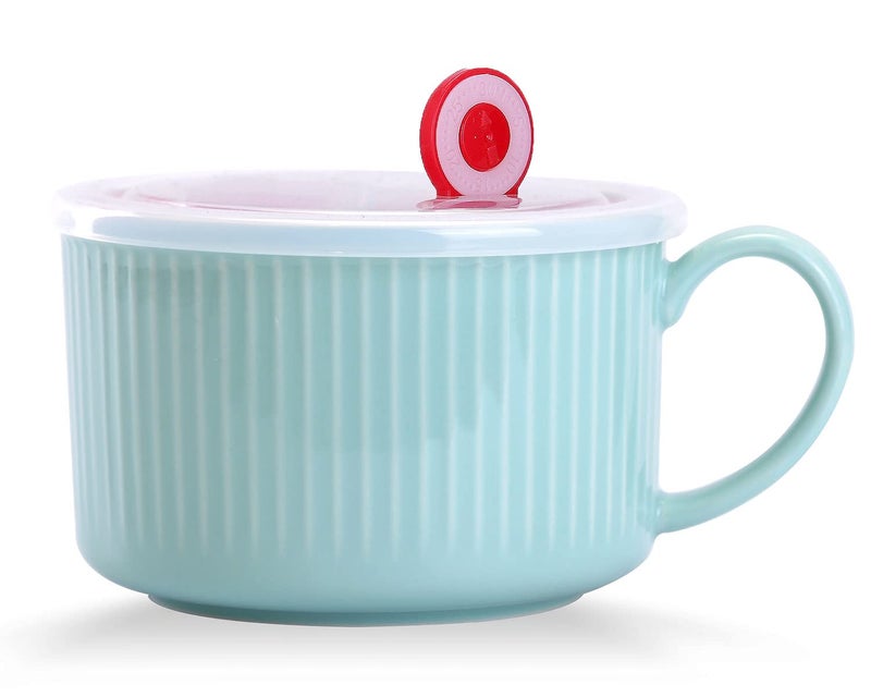 WHJY 30oz Ceramic Bowl with Lid and Handle for Soup and Instant Noodles Soup Mug Modern Simple Style with Heat Preservation Handle  Blue