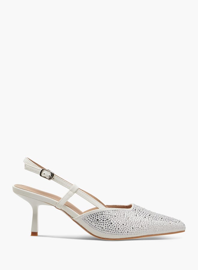 Flora Bella By Shoexpress Women Embellished Slingback Shoes with Flared Heels and Buckle Closure - Image 3