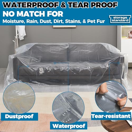 Storage Standard أغطية أثاث بلاستيكية للنقل - غطاء أريكة ثقيل الوزن للأريكة، أكياس نقل شفافة مقاومة للماء والغبار للتجديد، التغليف أو التخزين - حقيبة كبيرة الحجم بحجم مفتوح 96 x 42 x 62 بوصة - Image 3