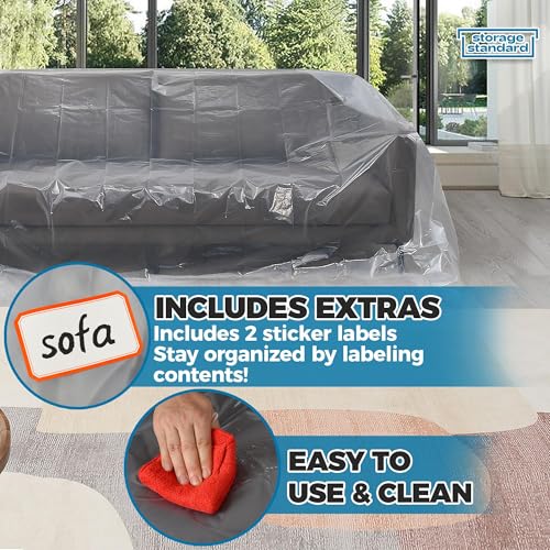 Storage Standard أغطية أثاث بلاستيكية للنقل - غطاء أريكة ثقيل الوزن للأريكة، أكياس نقل شفافة مقاومة للماء والغبار للتجديد، التغليف أو التخزين - حقيبة كبيرة الحجم بحجم مفتوح 96 x 42 x 62 بوصة - Image 5