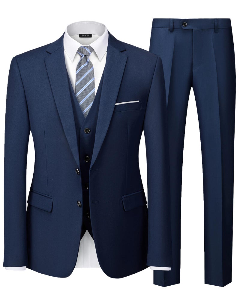 MYS Mens 3 Piece Slim Fit Suit Set with Tie 2 Button Blazer Jacket Vest Pants Business Wedding Party Prom Suit for Men Deep Blue XSmall
