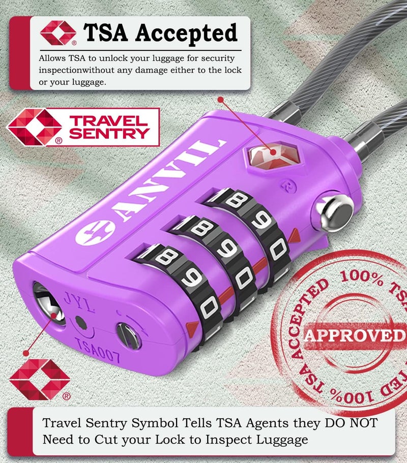 Anvil TSA Locks for Luggage – TSA Approved Cable Travel Lock with Zinc Alloy Body, 3-Digit Combination Lock for Suitcases, Backpacks, Gun Cases, Zippers - Image 2