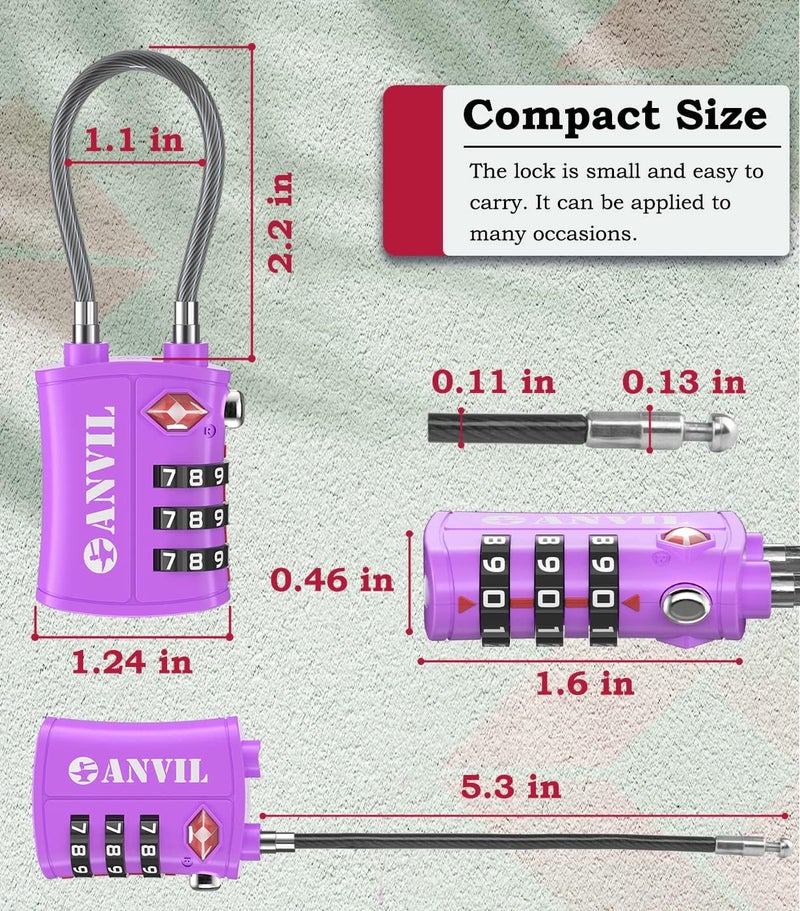 Anvil TSA Locks for Luggage – TSA Approved Cable Travel Lock with Zinc Alloy Body, 3-Digit Combination Lock for Suitcases, Backpacks, Gun Cases, Zippers - Image 3