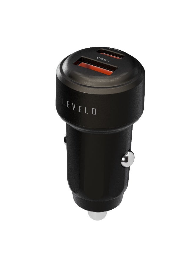 LEVELO Nori Mini 60W PD Car Charger 1 type-C & 1 USB-A port, Durable Material, Fast Charging, Durable Material, Compact Design - Black - Image 1