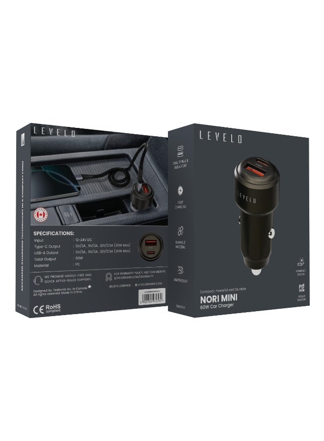 LEVELO Nori Mini 60W PD Car Charger 1 type-C & 1 USB-A port, Durable Material, Fast Charging, Durable Material, Compact Design - Black - Image 5