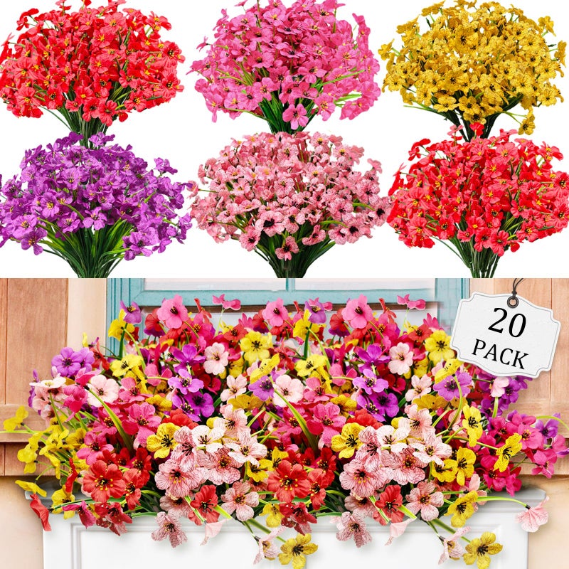 Cherica 20 Pcs Plastic Flowers for Outdoors, Fake Outdoor Artificial Flowers for Outdoors UV Resistant, Fake Plants Artificial Plants Outdoor Plastic Plants, Silk Faux Spring Flowers for Outside - Image 1