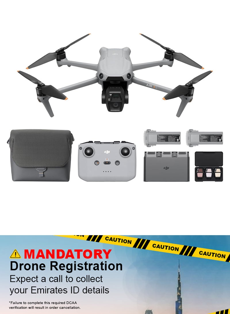 dji Air 3S Fly More Combo (RC-N3), UAE Version with official warranty support, Drone with 1" CMOS Wide-Angle & Medium Tele Camera, 4K/60fps HDR Video, Nightscape Omnidirectional Obstacle Sensing & 3 Batteries for Extended Flight Time - Image 1