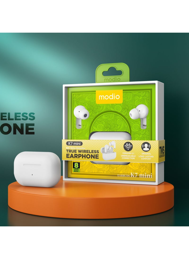 modio - Modio K7 Mini Wireless Stereo Touch Sensor TWS Wireless Bluetooth Headset White With Case - Image 1
