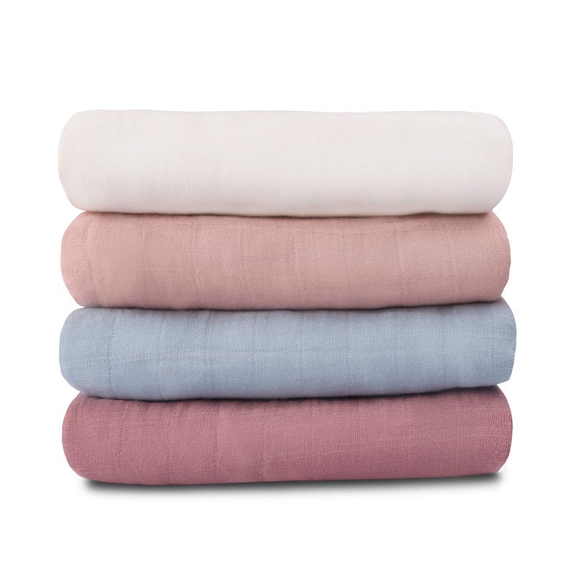 Meracorallo Muslin Swaddle Blanket Silky Soft Receiving Blanket Neutral Swaddle Wrap for Baby Boys and Girls, 47 x 47 inches, Set of 4 Solid Color (White+Blue+Pink+Purple) - Image 1
