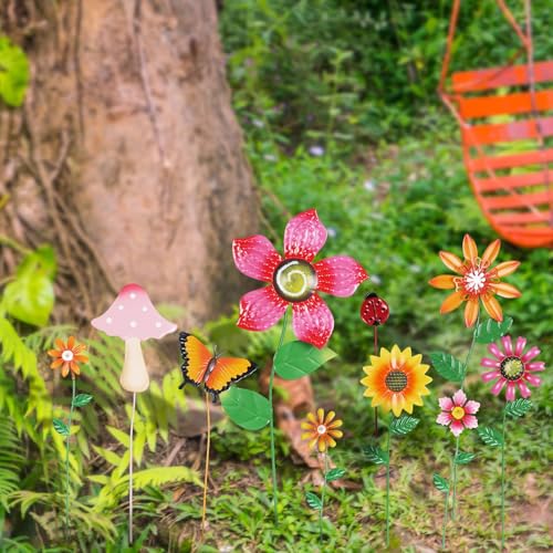 hogardeck Garden Decor for Outside Set of 10 Metal Flowers Garden Stakes with Mushroom Butterfly Ladybug for Spring Decor Yard Art Garden Decorations for Outdoor Lawn Porch Pathway MultiColor - Image 3