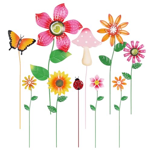 hogardeck Garden Decor for Outside Set of 10 Metal Flowers Garden Stakes with Mushroom Butterfly Ladybug for Spring Decor Yard Art Garden Decorations for Outdoor Lawn Porch Pathway MultiColor - Image 1