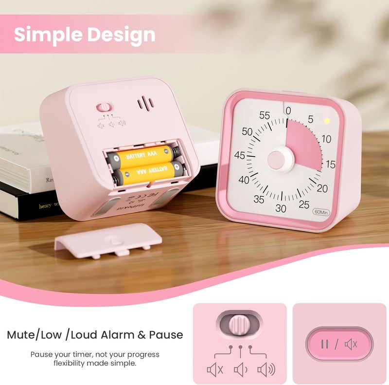 InfPokid Children's Visual Timer with Pause Function, 60 Minute Countdown Timer for Children, Desk Study, Office Table and Meetings, Cooking in the Kitchen, Quiet Time Management for ADHD (Pink) - Image 4