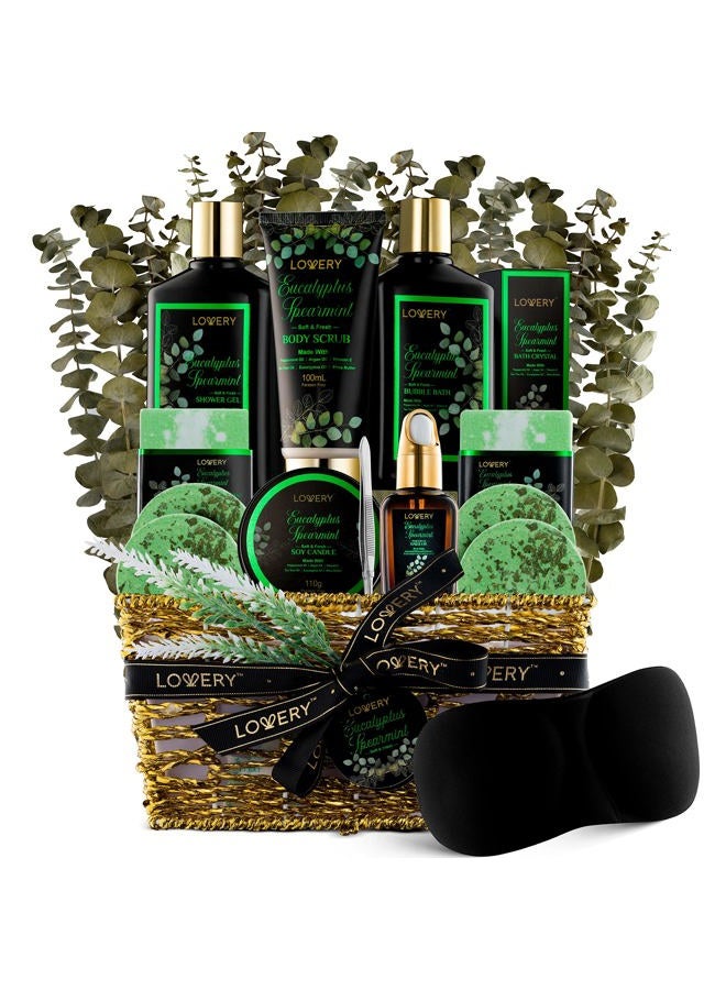 LOVERY Eucalyptus Spearmint Bath Set, Home Spa Set with Natural Mint Fragrance, 17 Pcs Gift Basket, Eucalyptus Bath Oil, Shower Gel, Bubble Bath, Bath Crystal, Steamer Tablet & More, Best Birthday Gift - Image 1
